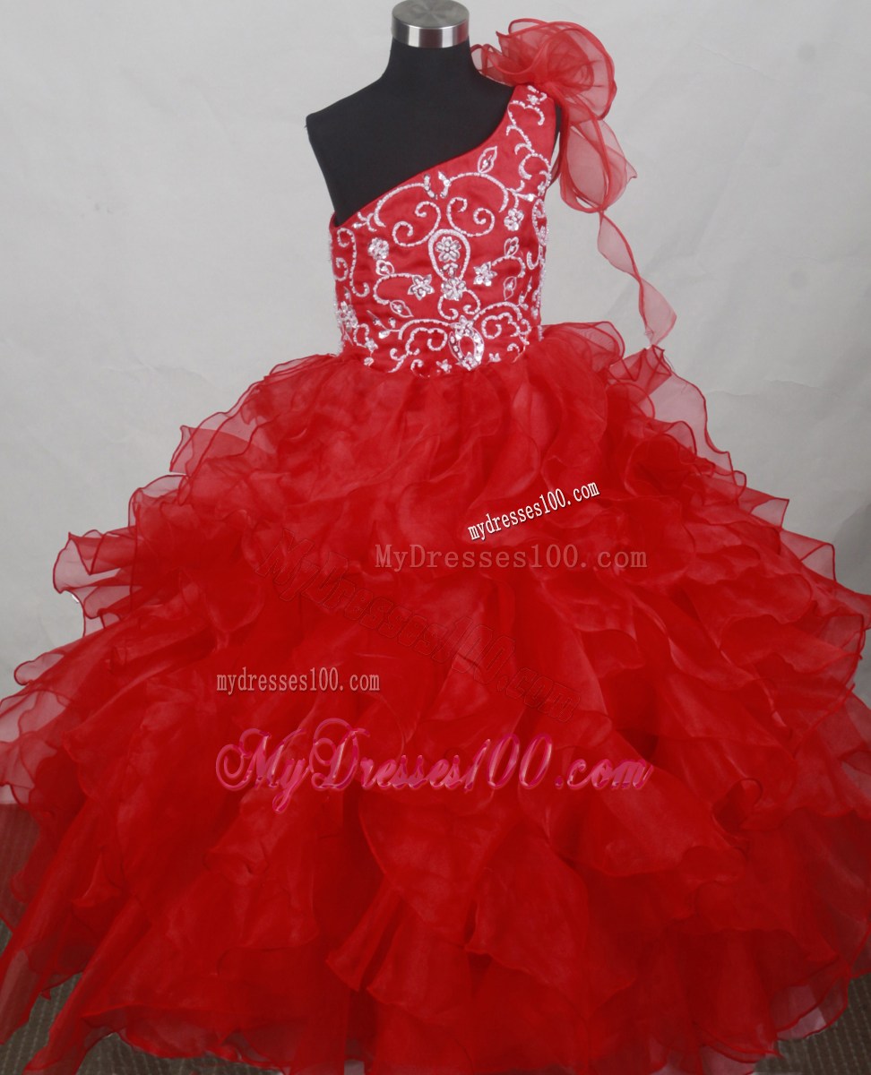 Popular Red One Shoulder Flower Girl Pageant Dress With Ruffled Layers and Embroidery Decorate