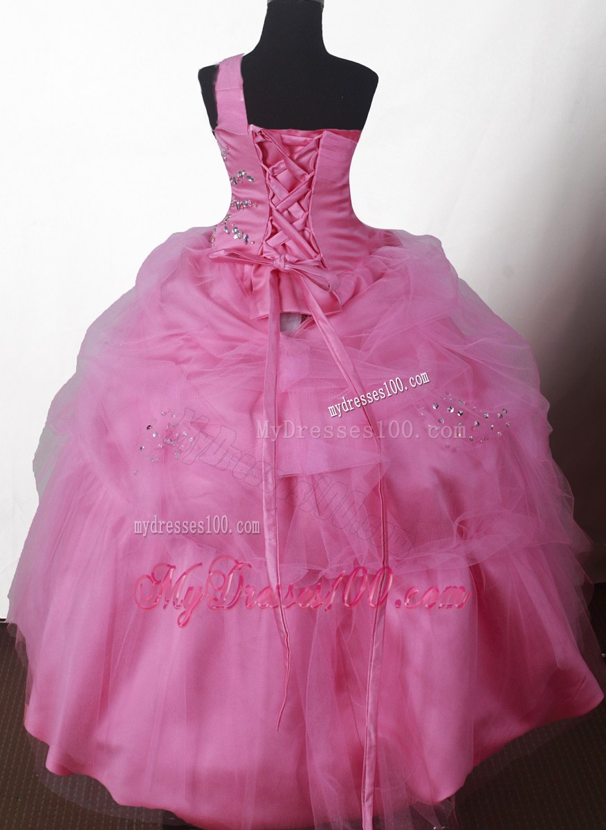 Pretty Ball Gown Beading One-shoulder Floor-length Little Gril Pageant Dress