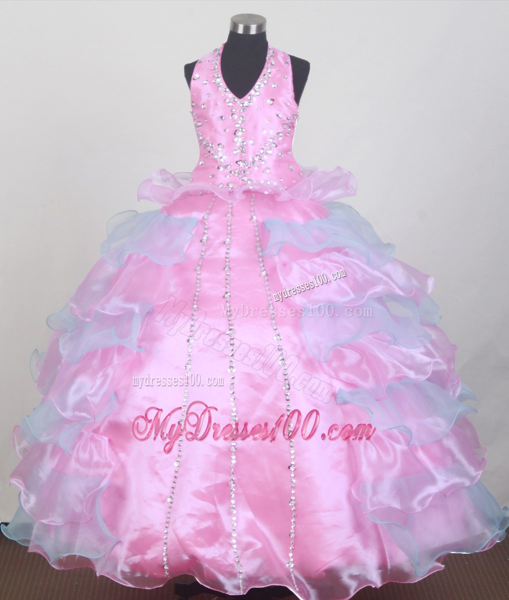 Pretty Beading Ball Gown Halter Floor-length Little Gril Pageant Dress