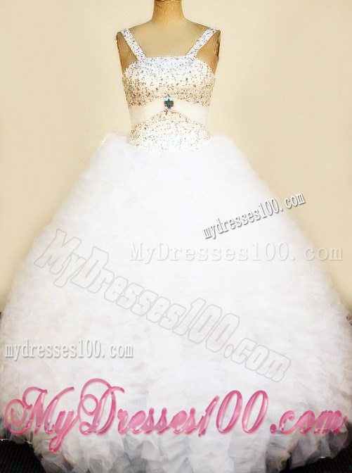 Pretty Ruffles Little Girl Pageant Dresses Straps Beaded Decorate Bust Floor-Length White