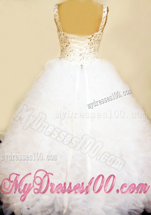 Pretty Ruffles Little Girl Pageant Dresses Straps Beaded Decorate Bust Floor-Length White