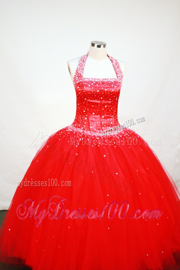 Red Custom Made Beaded Decorate Tulle Flower Girl Pageant Dress With Halter Neckline