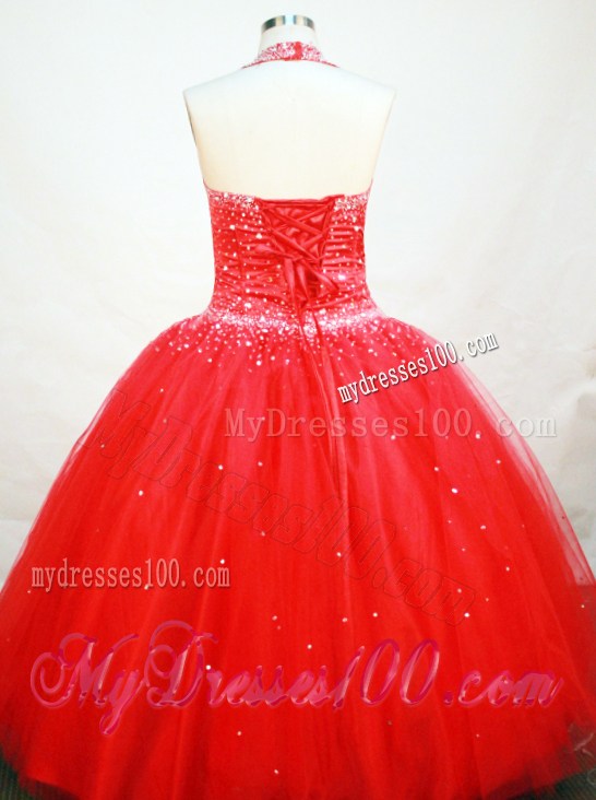 Red Custom Made Beaded Decorate Tulle Flower Girl Pageant Dress With Halter Neckline