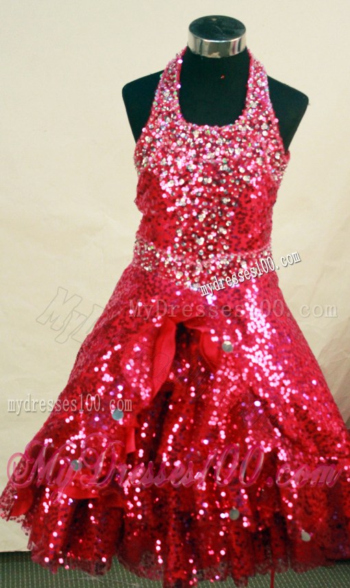 Red Custom Made Sequin Fabric Halter Neckline Flower Gril Pageant Dress