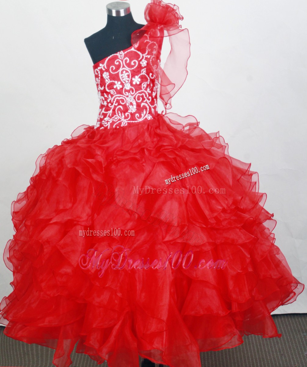 Red One Shoulder Little Girl Pageant Dresses With Hand Made Flowers and Ruffled Layers