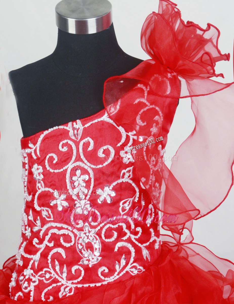 Red One Shoulder Little Girl Pageant Dresses With Hand Made Flowers and Ruffled Layers