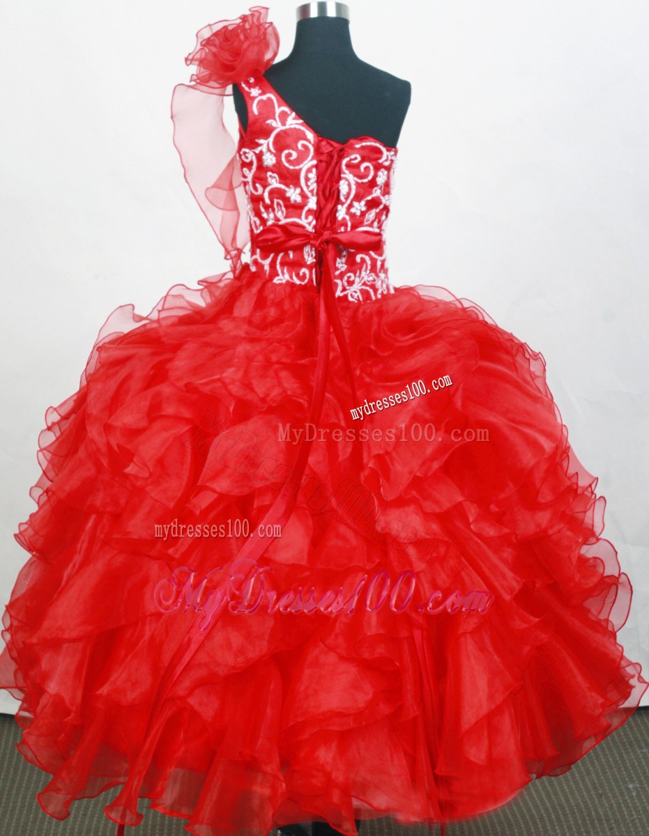Red One Shoulder Little Girl Pageant Dresses With Hand Made Flowers and Ruffled Layers