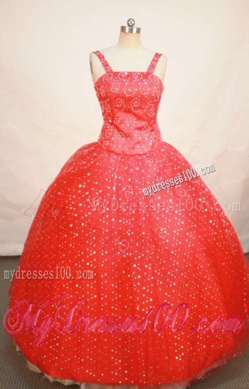 Red Sequin Straps Neckline Beaded Decorate Flower Girl Pageant Dress