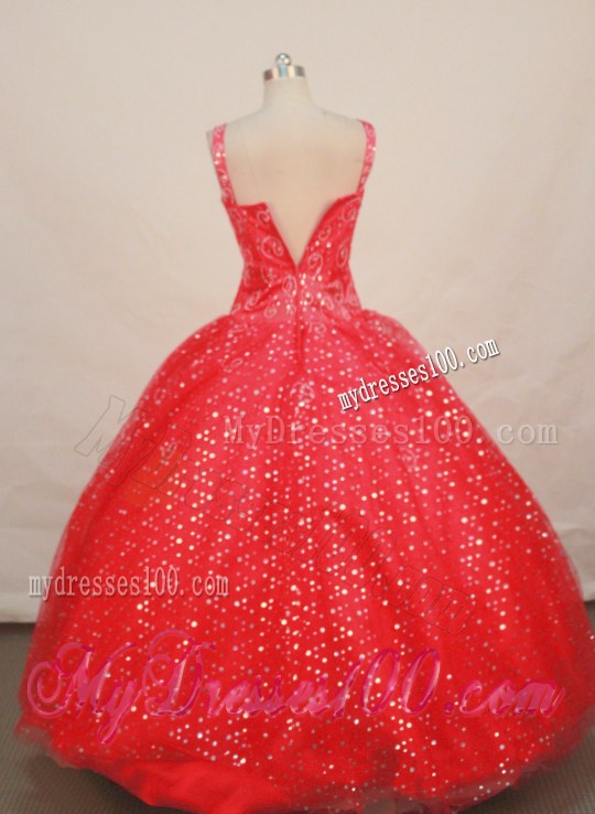 Red Sequin Straps Neckline Beaded Decorate Flower Girl Pageant Dress