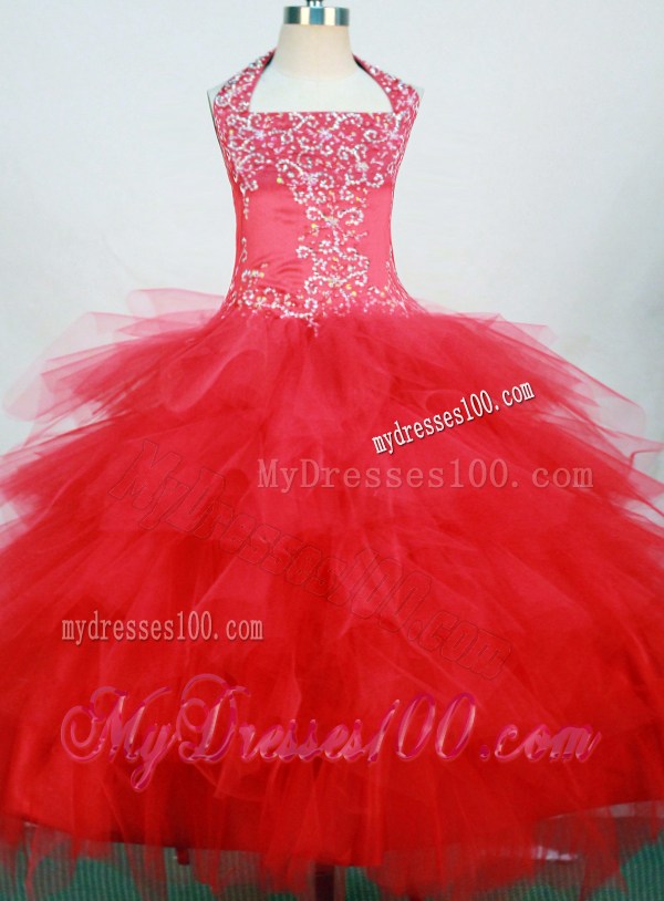 Red and Halter For Little Girl Pageant Dresses With Ruffled Layers