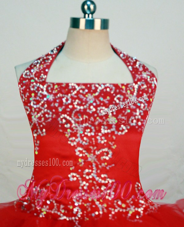 Red and Halter For Little Girl Pageant Dresses With Ruffled Layers