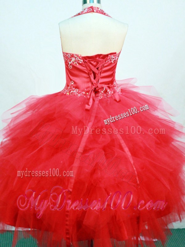 Red and Halter For Little Girl Pageant Dresses With Ruffled Layers