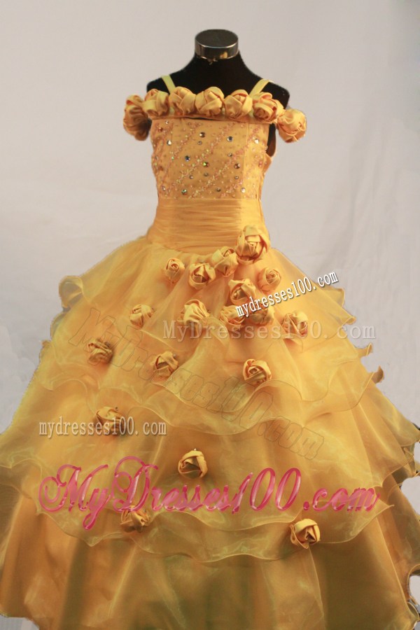 Romantic Hand Made Flowers Ball Gown Little Girl Pageant Dress Straps Floor-length
