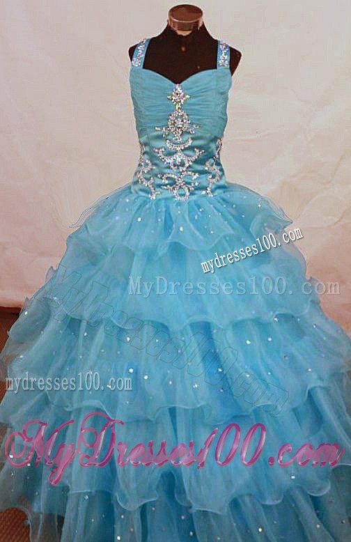 2013 Romantic Straps Aqua Blue Beading Little Girl Pageant Dresses