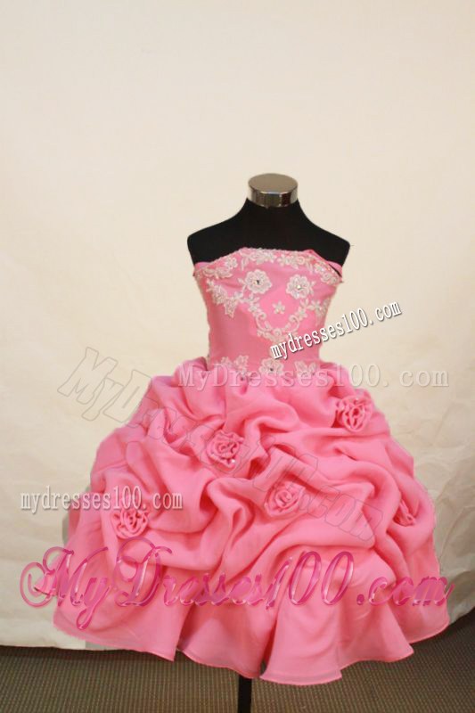 Romantic Watermelon Strapless Neckline Litter Girl Pengant Dress With Flowers and Appliques Decorate