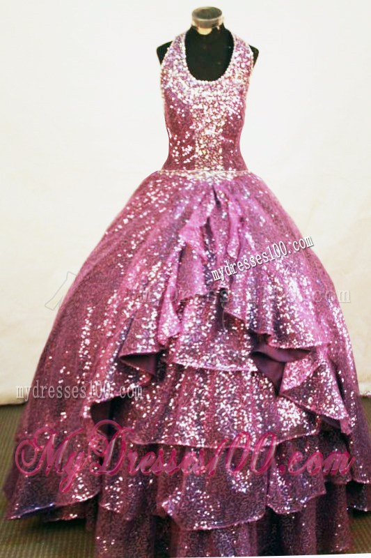 Sequins A-line Halter Floor-length Fuchsia Paillette Beading Little Girl Pageant Dresses