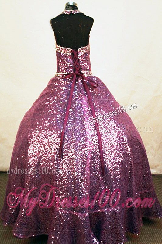 Sequins A-line Halter Floor-length Fuchsia Paillette Beading Little Girl Pageant Dresses