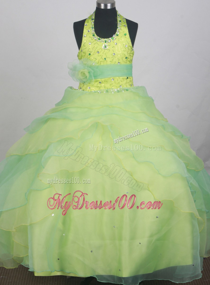 Sequins and Beading Decorate Apple Green and Spring Green Halter Flower Girl Pageant Dress With Apple Freen Belt