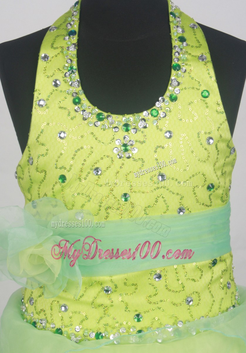 Sequins and Beading Decorate Apple Green and Spring Green Halter Flower Girl Pageant Dress With Apple Freen Belt