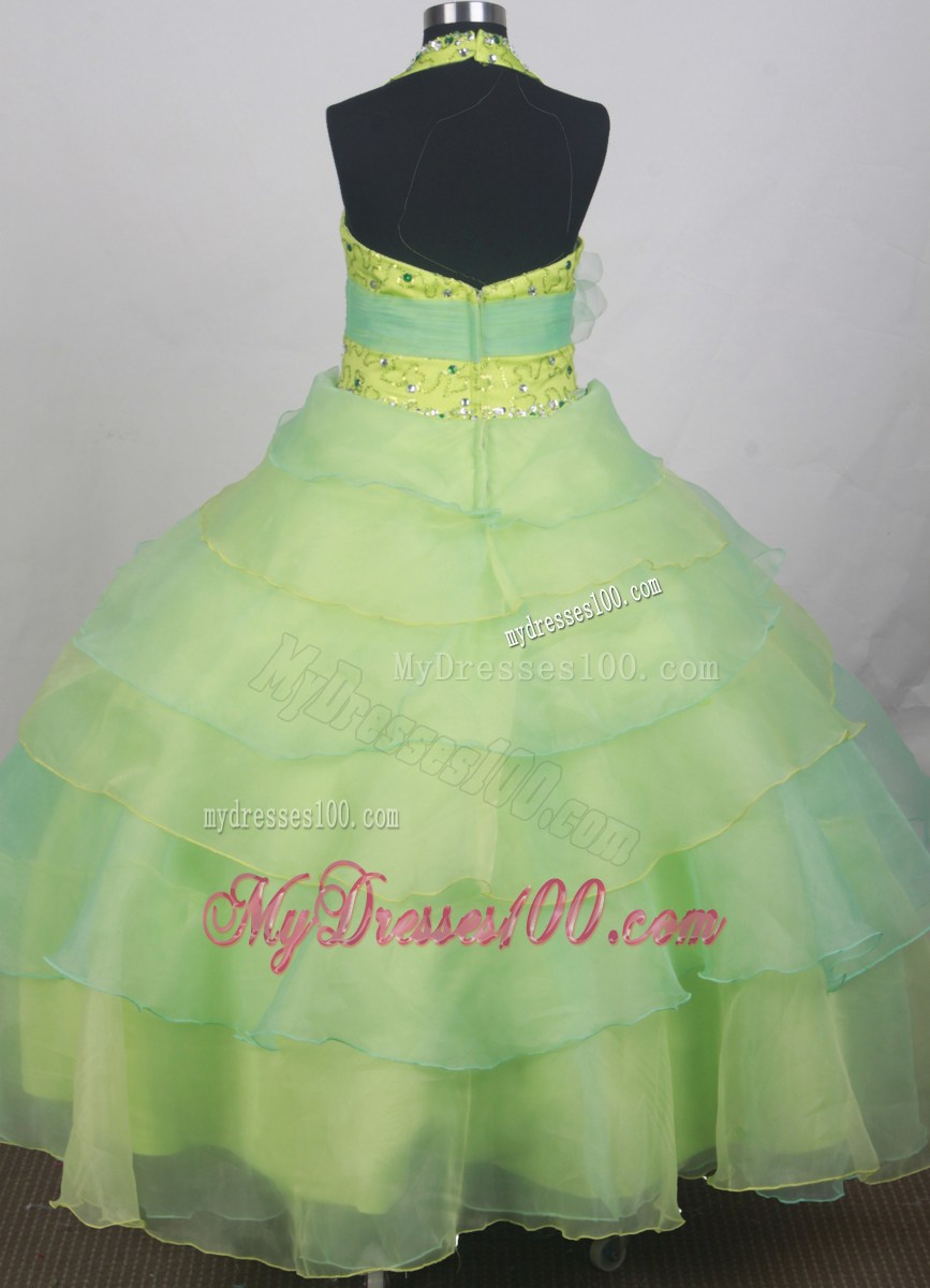 Sequins and Beading Decorate Apple Green and Spring Green Halter Flower Girl Pageant Dress With Apple Freen Belt