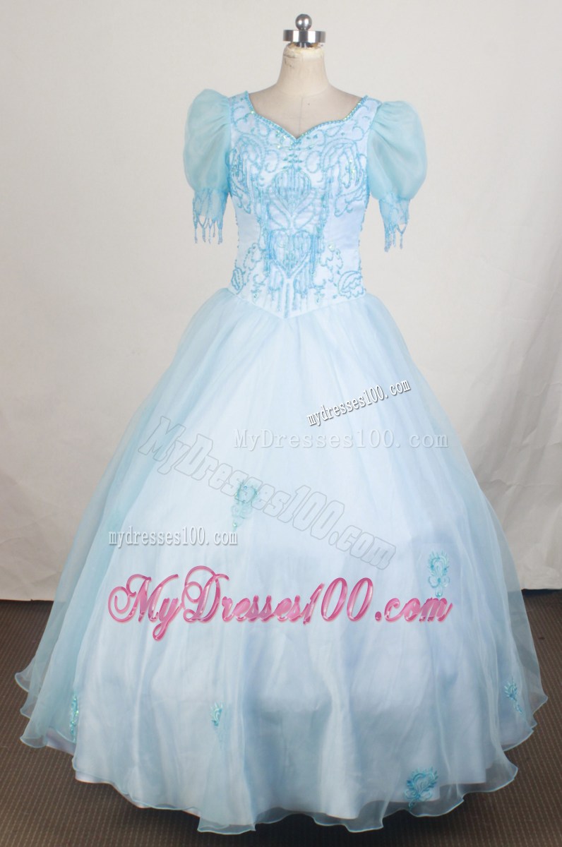 Short Sleeves and Light Blue For Fashionable Little Girl Pageant Dresses With Beading