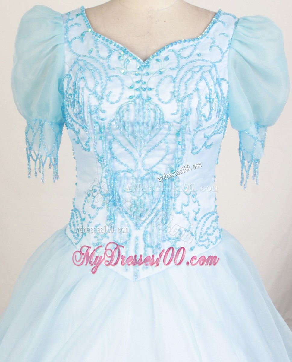 Short Sleeves and Light Blue For Fashionable Little Girl Pageant Dresses With Beading