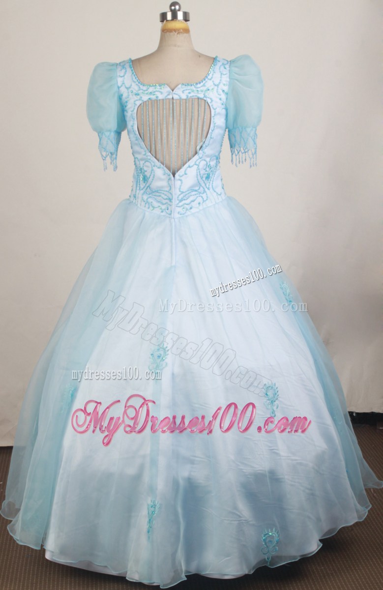 Short Sleeves and Light Blue For Fashionable Little Girl Pageant Dresses With Beading