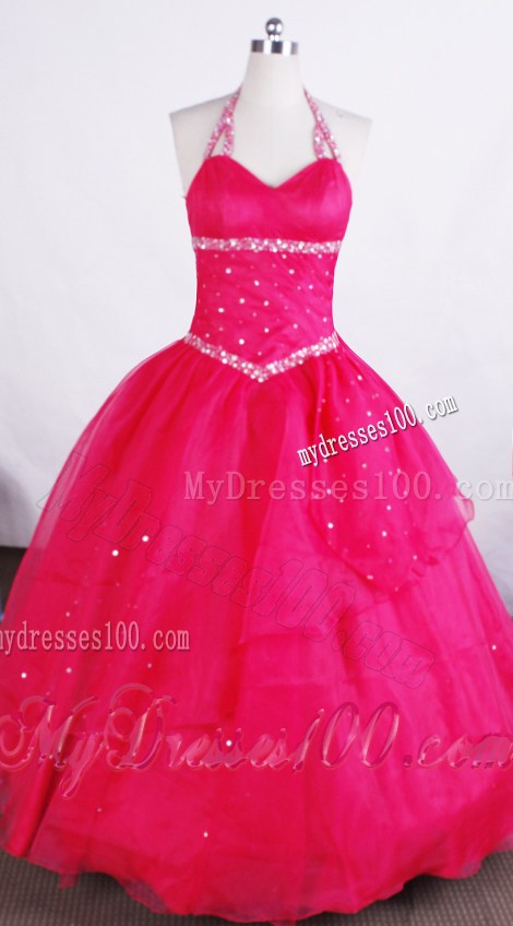 Simple Ball Gown Halter Neckline Floor-length Flower Girl Pageant Dress With Beaded Decorate