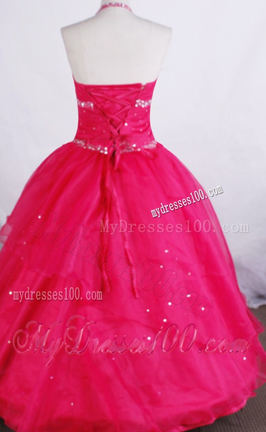 Simple Ball Gown Halter Neckline Floor-length Flower Girl Pageant Dress With Beaded Decorate