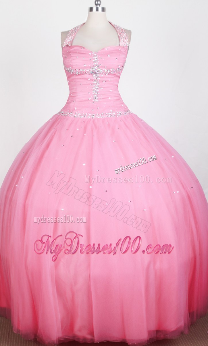 Simple Beaded Decorate Bodice Ball Gown Halter Top Floor-length Little Gril Pageant Dress
