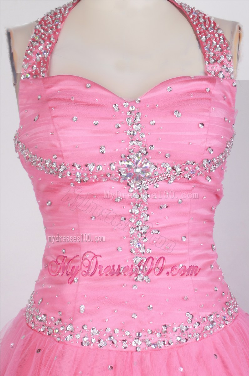 Simple Beaded Decorate Bodice Ball Gown Halter Top Floor-length Little Gril Pageant Dress