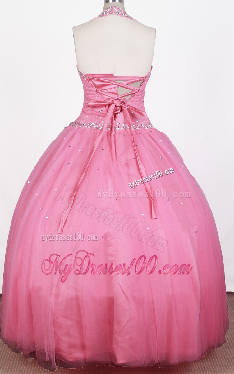 Simple Beaded Decorate Bodice Ball Gown Halter Top Floor-length Little Gril Pageant Dress