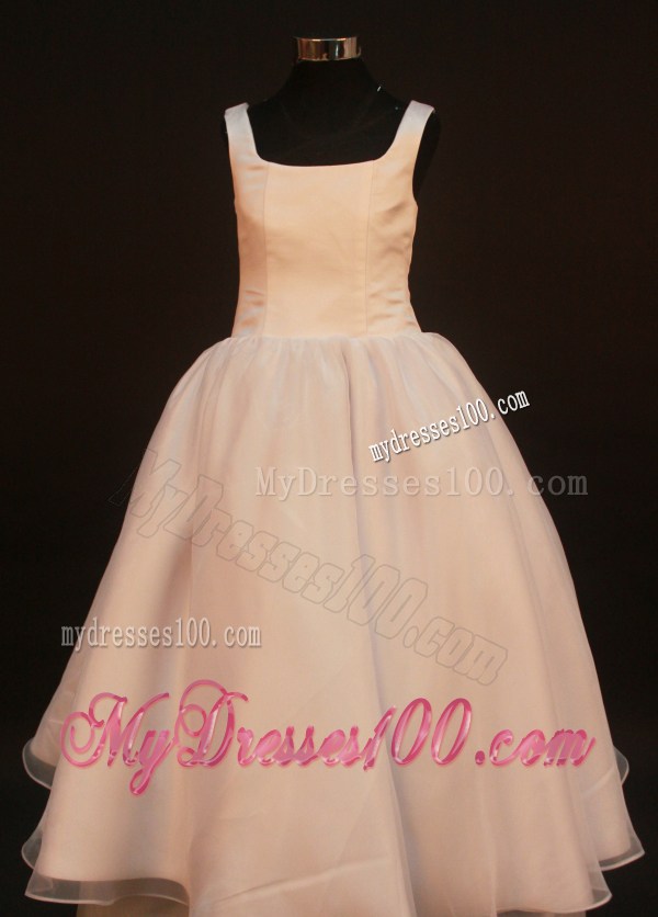 Simple Princess Champagne Flower Girl Pageant Dress With Straps Neckline Organza