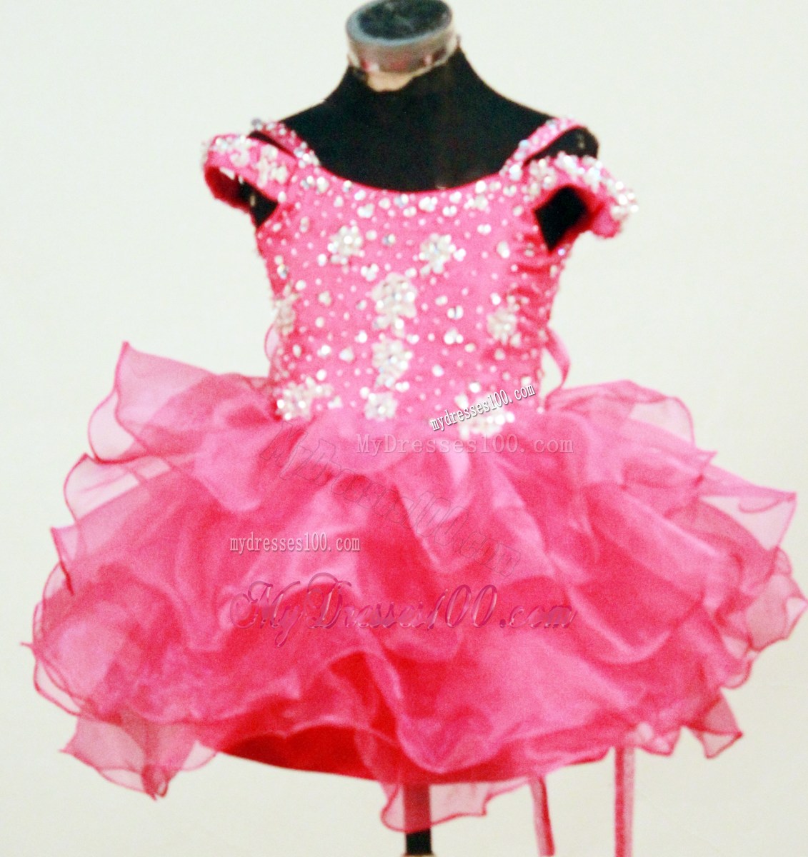 Spaghetti Straps Hot Pink Beaded Decorate Mi-length Organza Flower Girl Pagaent Dress