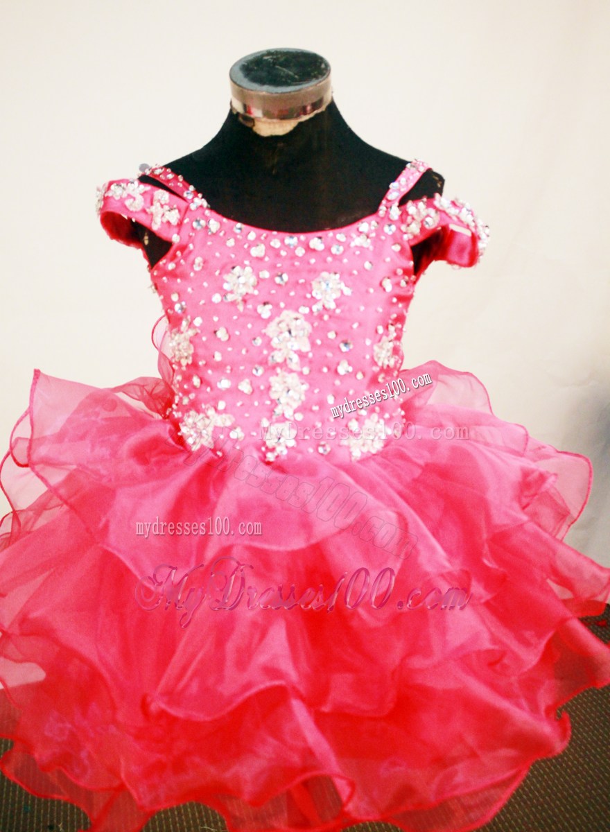 Spaghetti Straps Hot Pink Beaded Decorate Mi-length Organza Flower Girl Pagaent Dress