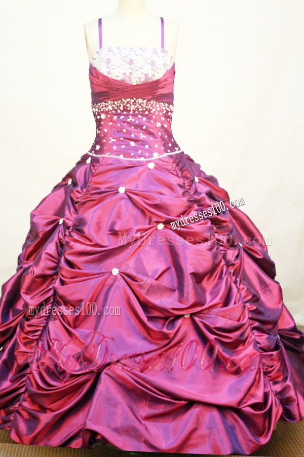 Spaghetti Straps Neckline Custom Made Flower Girl Pageant Dress With Lace and Beaded Decorate Taffeta