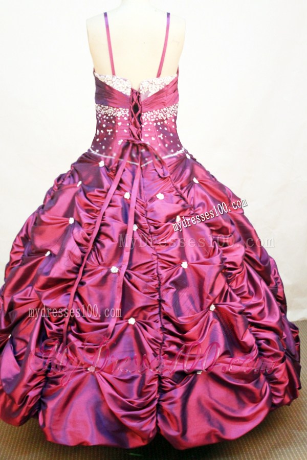 Spaghetti Straps Neckline Custom Made Flower Girl Pageant Dress With Lace and Beaded Decorate Taffeta
