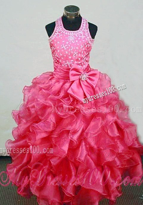 Sweet Halter Top Red Beading Little Girl Pageant Dresses Custom Made