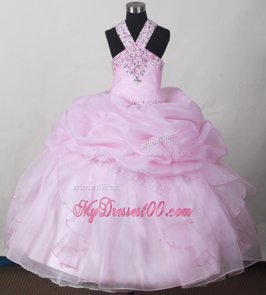 Sweet Baby Pink Little Girl Pageant Dresses With V-neck Beading and Pick-ups