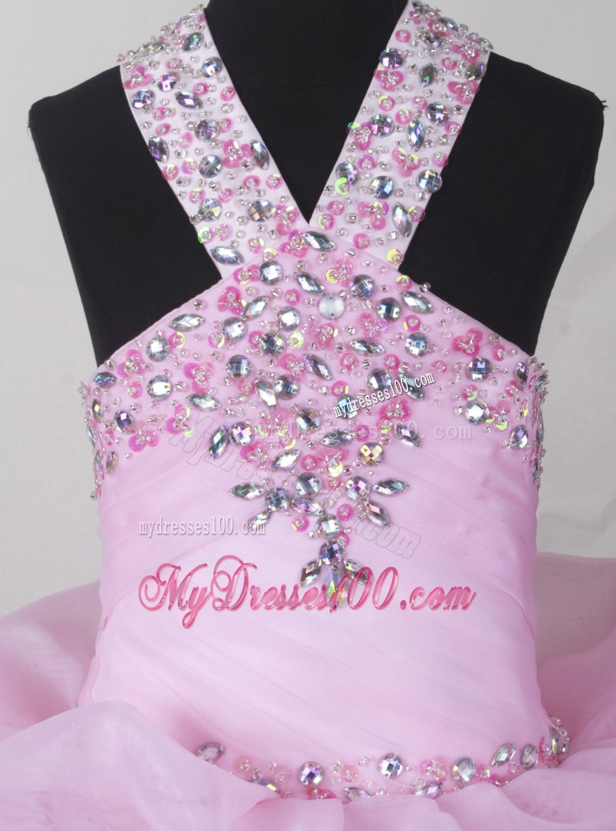 Sweet Baby Pink Little Girl Pageant Dresses With V-neck Beading and Pick-ups