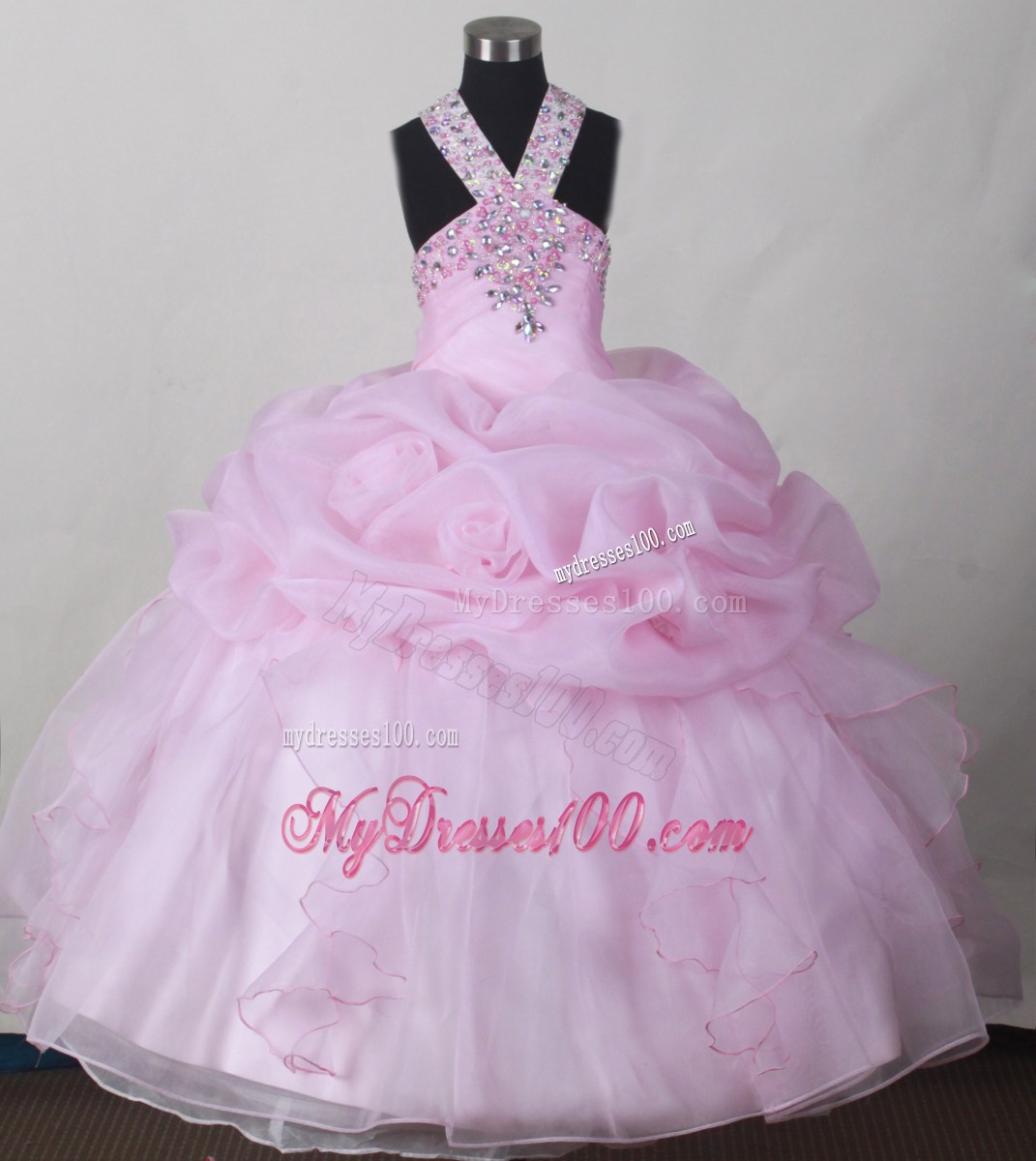 Sweet Baby Pink Little Girl Pageant Dresses With V-neck Beading and Pick-ups