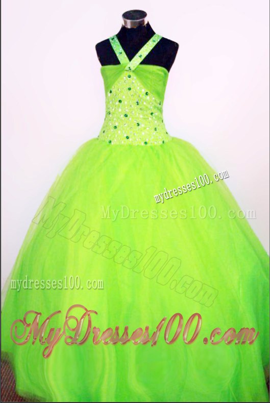 Sweet Ball Gown Halter Top Floor-length Spring Green Beading Little Girl Pageant Dresses
