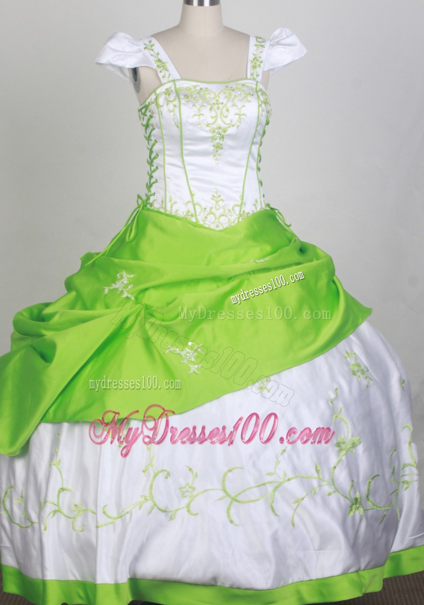 Sweet Ball Square Neckline White and Spring Green Embroidery Decorate Flower Girl Pageant Dress