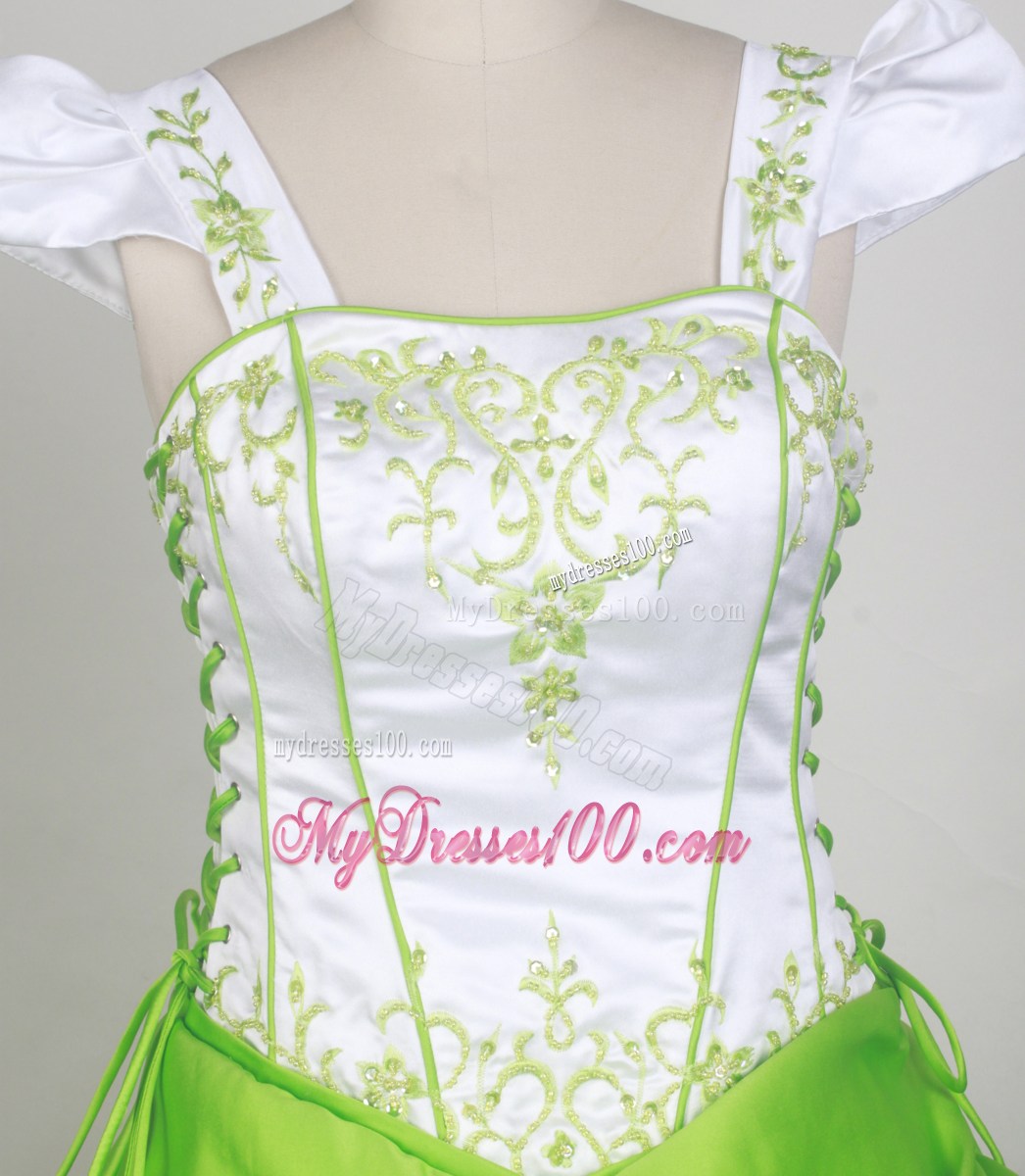 Sweet Ball Square Neckline White and Spring Green Embroidery Decorate Flower Girl Pageant Dress
