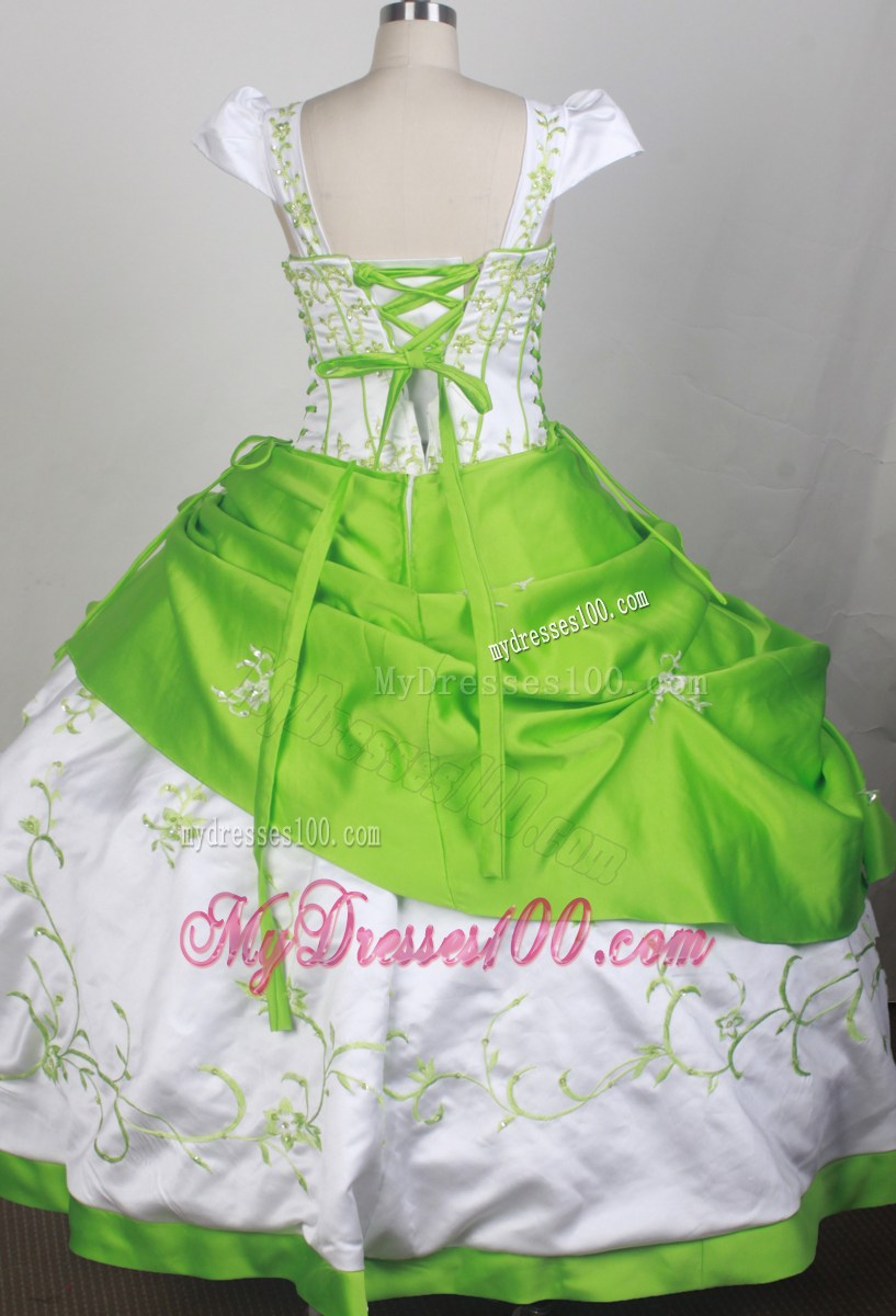 Sweet Ball Square Neckline White and Spring Green Embroidery Decorate Flower Girl Pageant Dress