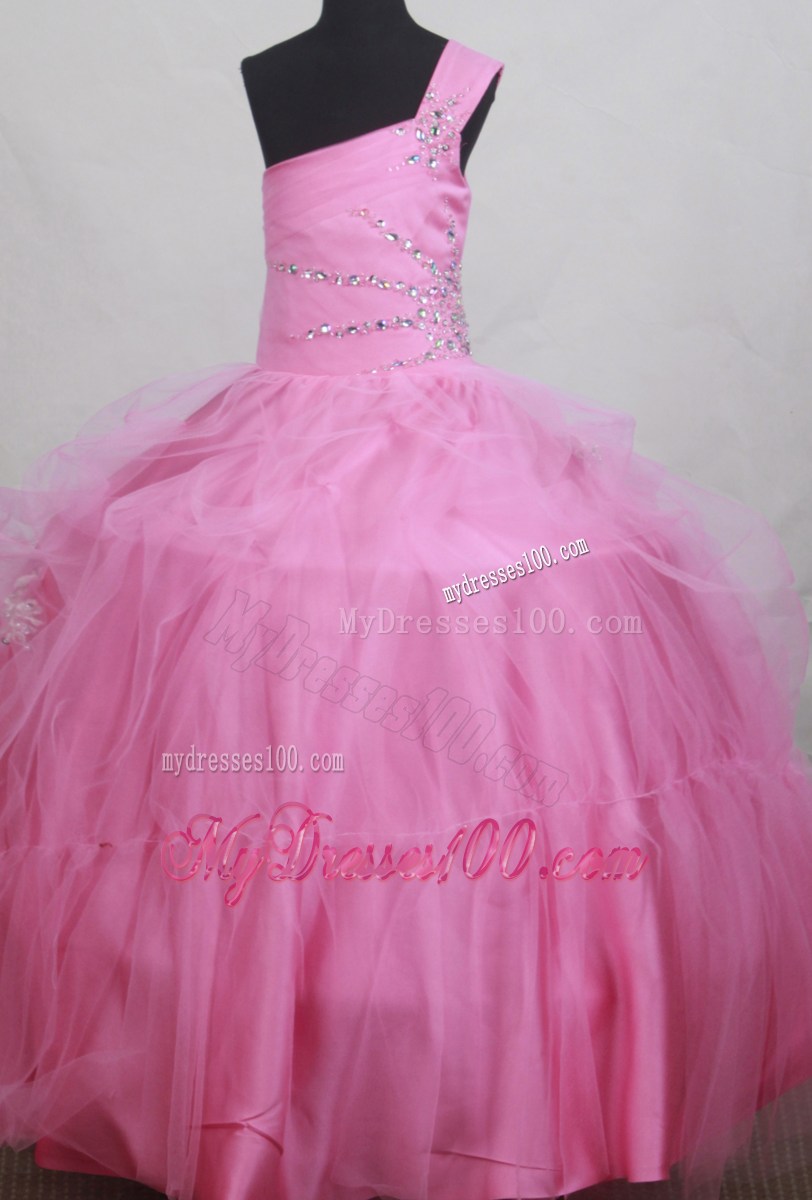 Sweet Beading Ball Gown One Shoulder Little Girl Pageant Dress Floor-length