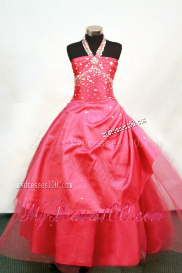 Sweet Halter Beaded Decorate Red Flower Girl Pageant Dress Ball Gown