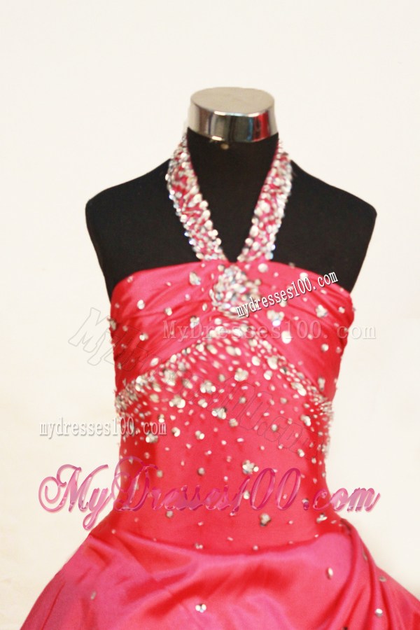 Sweet Halter Beaded Decorate Red Flower Girl Pageant Dress Ball Gown