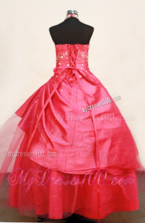 Sweet Halter Beaded Decorate Red Flower Girl Pageant Dress Ball Gown