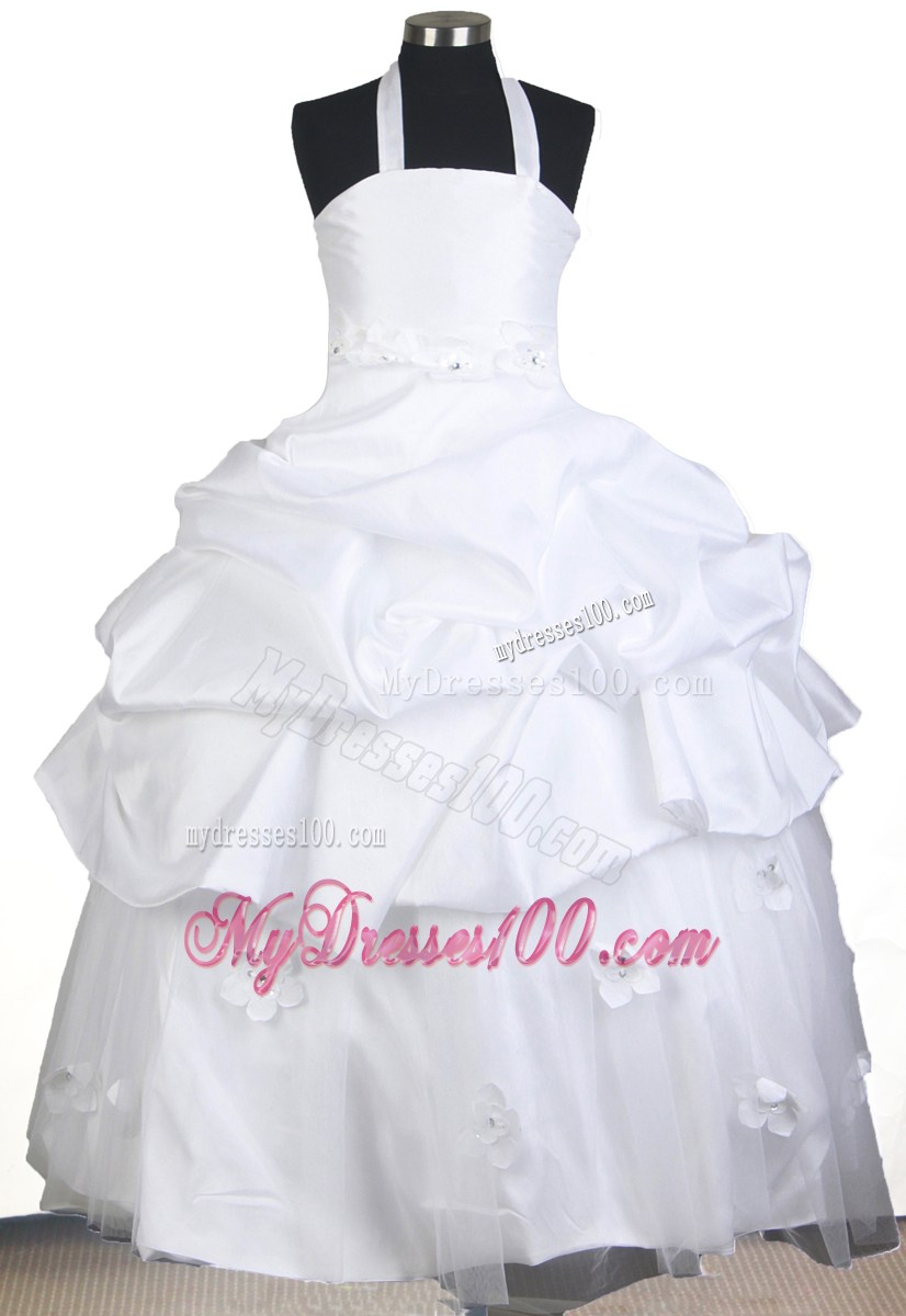 White Hand Made Flowers Halter Top Floor-length Ball Gown Little Gril Pageant Dress